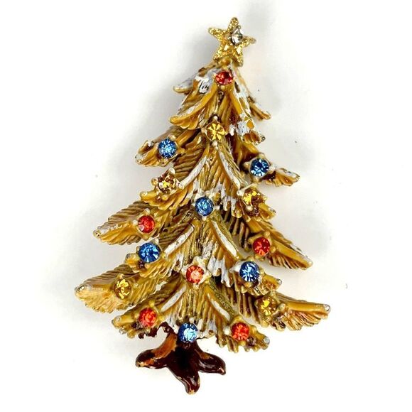 Art Jewelry - ART GILT Vintage Gold Christmas Tree Brooch Pin Enamel Rhinestones Star